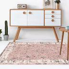 Pink Shabby Chic Carpet Polyester Tribal Floral Pattern Carpet Pet-Friendly Washable Non-Slip Back Carpet for Decoration