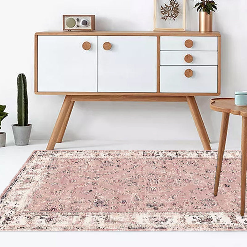 Pink Shabby Chic Carpet Polyester Tribal Floral Pattern Carpet Pet-Friendly Washable Non-Slip Back Carpet for Decoration