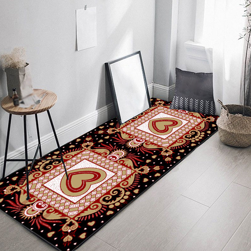 Unique Heart Pattern Rug Black and Green Moroccan Rug Polyester Pet-Friendly Non-Slip Back Washable Rug for the Living Room