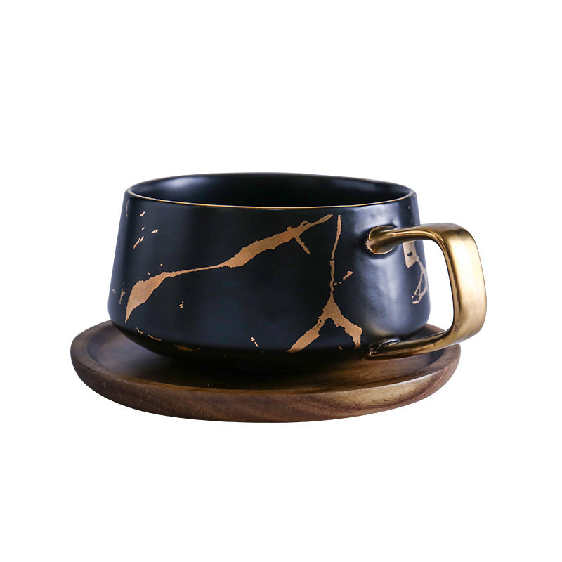 Marble Matte Gold Coffee Cup Japanese Black and White Gold Ceramic Tea Cup Mug with Wood Plate Cup and Saucer