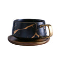 Marble Matte Gold Coffee Cup Japanese Black and White Gold Ceramic Tea Cup Mug with Wood Plate Cup and Saucer