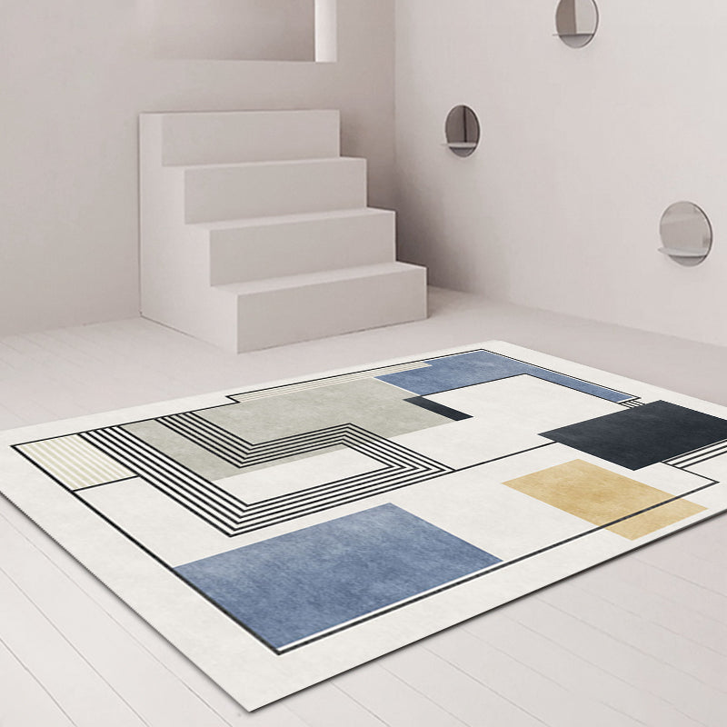 Novelty Geometric Pattern Rug with Stripes Blue Polyester Rug Non-Slip Back Washable Pet-Friendly Rug for Home