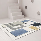 Novelty Geometric Pattern Rug with Stripes Blue Polyester Rug Non-Slip Back Washable Pet-Friendly Rug for Home