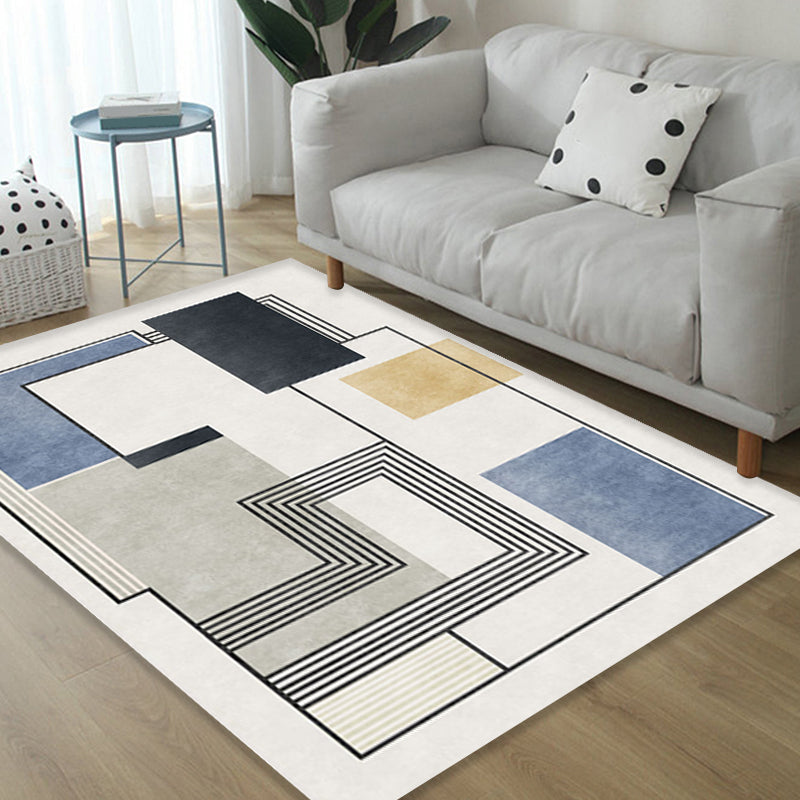 Novelty Geometric Pattern Rug with Stripes Blue Polyester Rug Non-Slip Back Washable Pet-Friendly Rug for Home