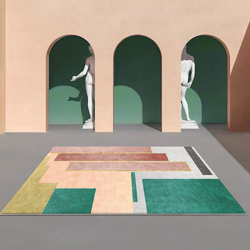 Modern Color Block Area Rug Green and Red Polyester Rug Non-Slip Back Washable Pet Friendly Carpet for Home