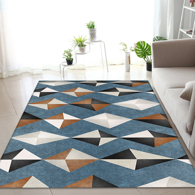 Novelty Geometric Pattern Carpet Blue Polyester Carpet Anti-Slip Back Washable Pet Friendly Area Rug for Home