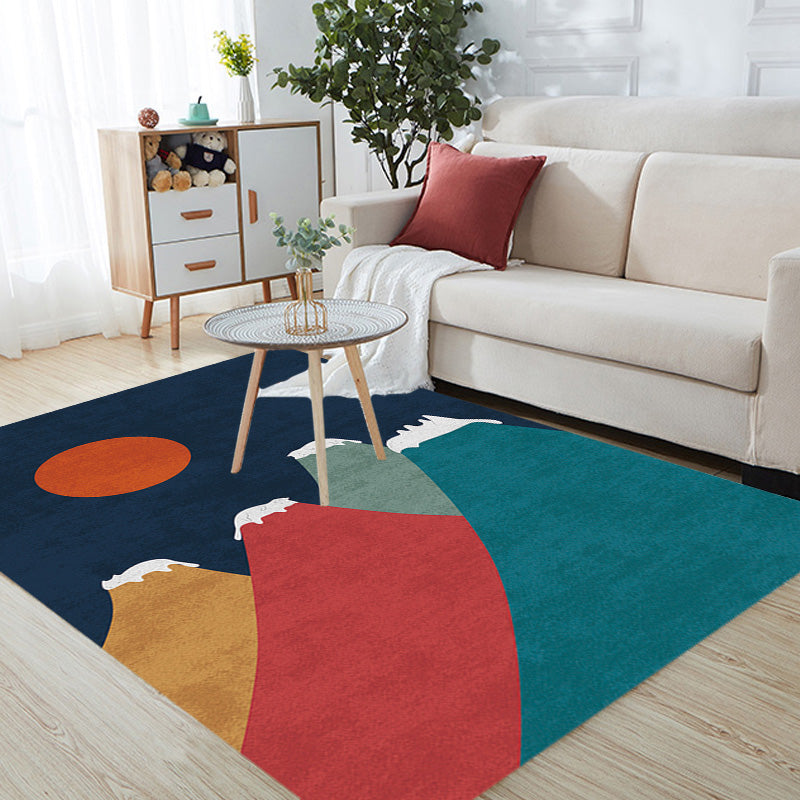 Navy Blue Multi-Pattern Rug Polyester Oriental Rug Washable Non-Slip Pet-Friendly Area Rug for the Living Room