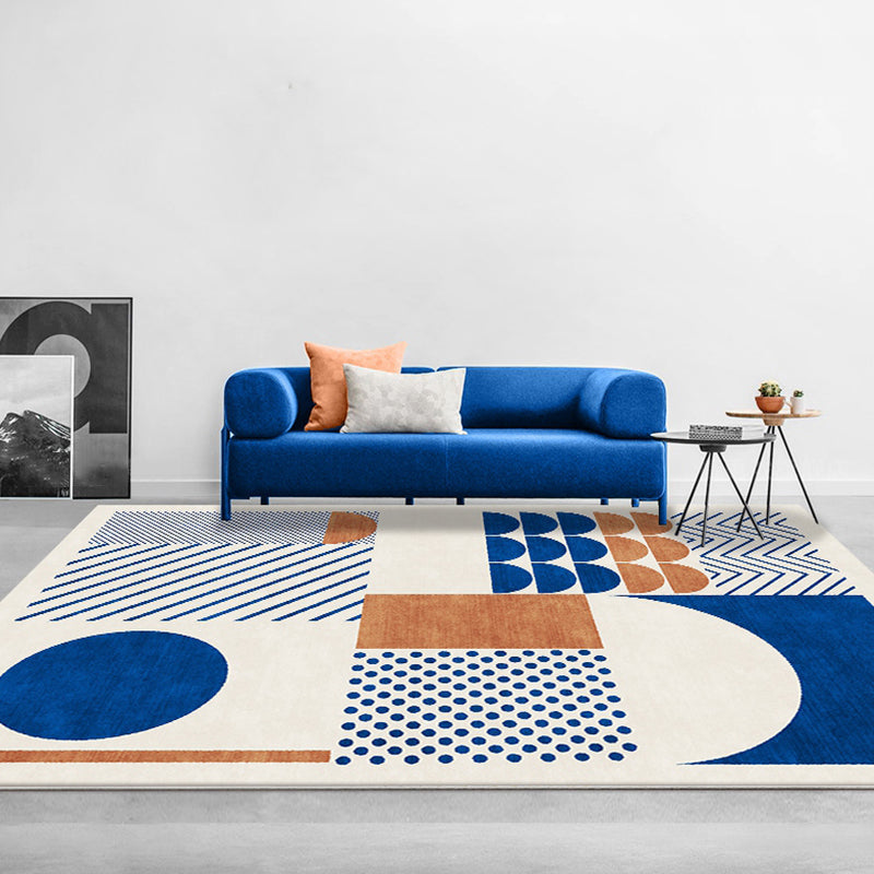 Stylish Blue Nordic Carpet Polyester Geometric and Striped Pattern Washable Carpet Pet-Friendly Non-Slip Rug for the Living Room