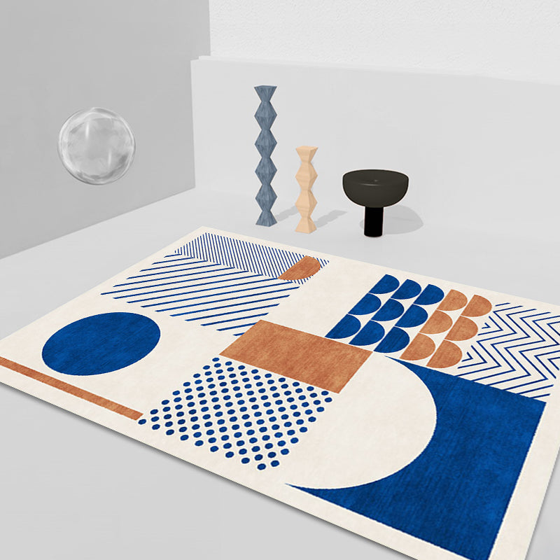 Stylish Blue Nordic Carpet Polyester Geometric and Striped Pattern Washable Carpet Pet-Friendly Non-Slip Rug for the Living Room