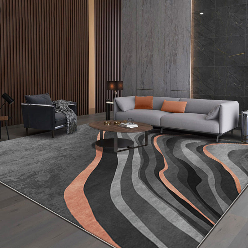 Creative Black Modernist Carpet Polyester Swirl Striped Pattern Rug Washable Pet-Friendly Non-Slip Area Rug for Living Room