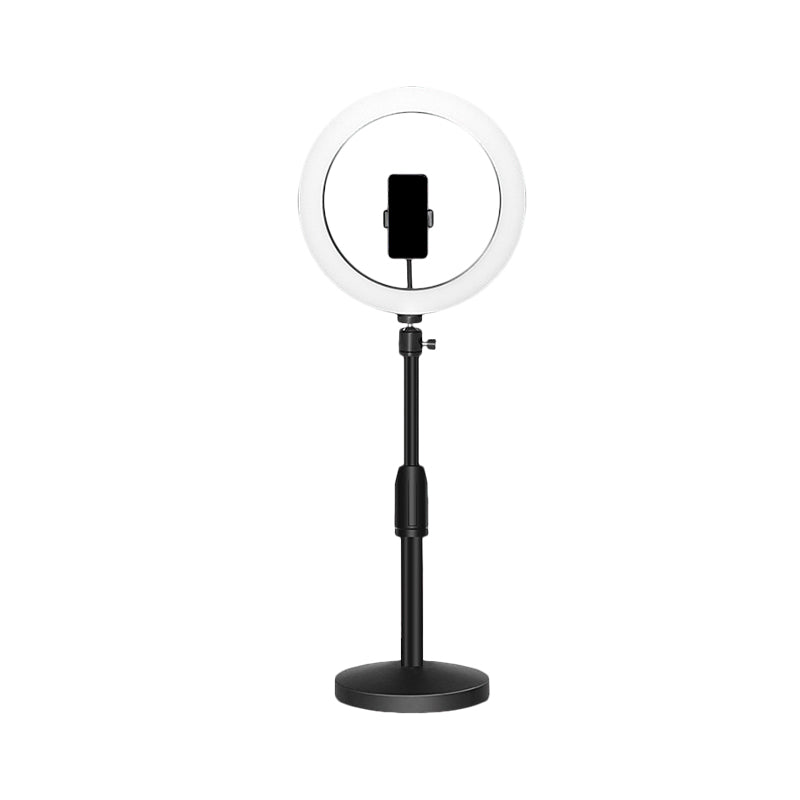 Minimalistic Circular Make-Up Lamp Metal Mobile Phone Holder USB LED Fill Light in Black