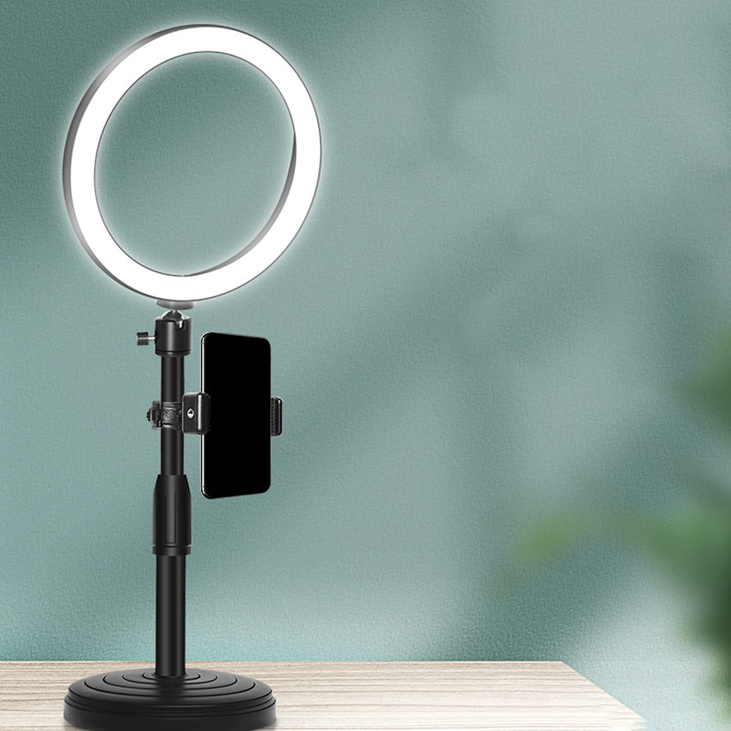 Minimalistic Circular Make-Up Lamp Metal Mobile Phone Holder USB LED Fill Light in Black