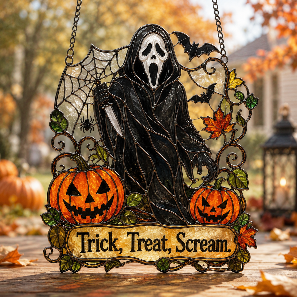 Premium Ghostface Scream Stained Glass Suncatcher Window Hanging Halloween Decor