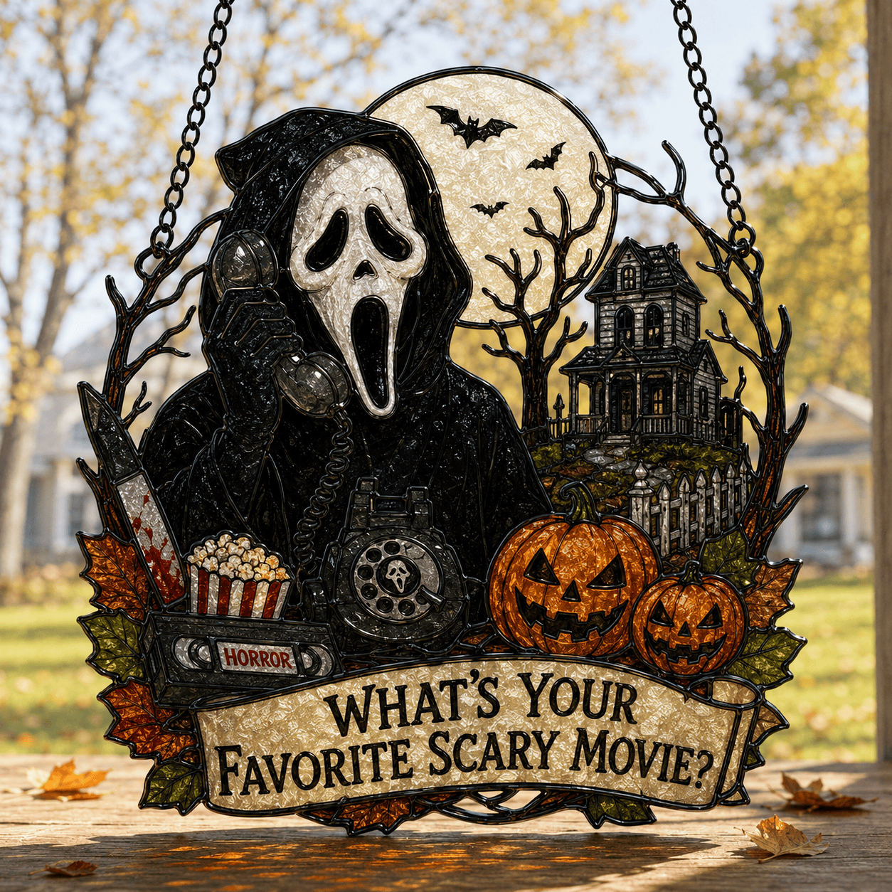 Premium Ghostface Scream Stained Glass Suncatcher Window Hanging Halloween Decor