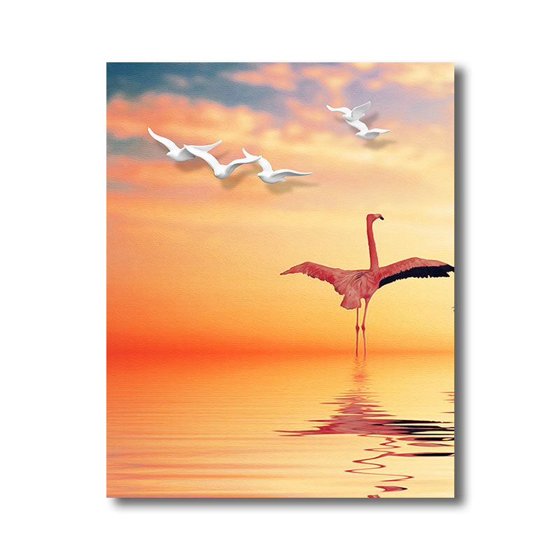 Tropical Flamingo and Seagull Canvas Orange Decorative Art Print for Living Room