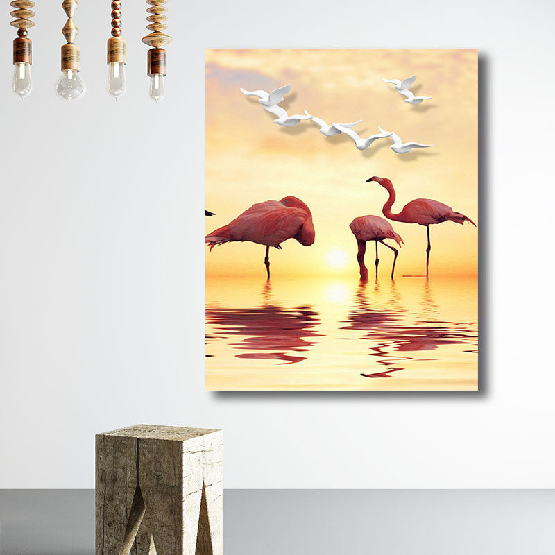 Tropical Flamingo and Seagull Canvas Orange Decorative Art Print for Living Room