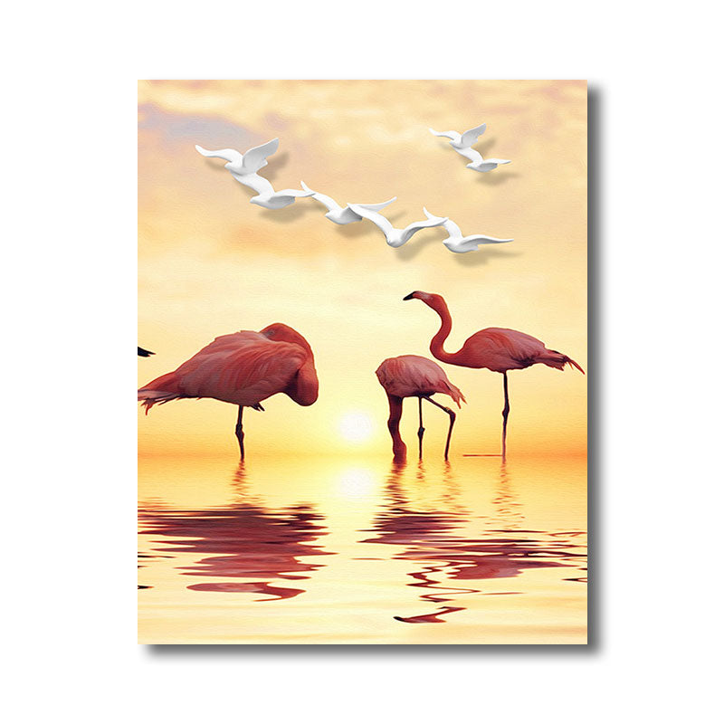 Tropical Flamingo and Seagull Canvas Orange Decorative Art Print for Living Room