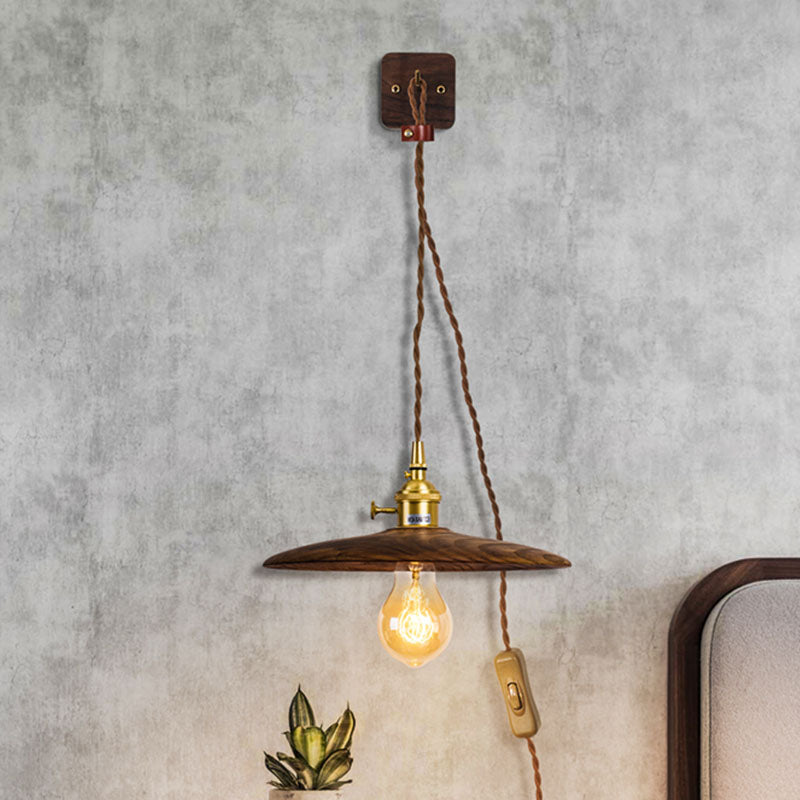 Wooden Tray Plug Wall Lighting Ideas Rustic 1 Light Bulb 8"/10" Wide Nightstand Wall Lamp in Brown with Extra Long Cable