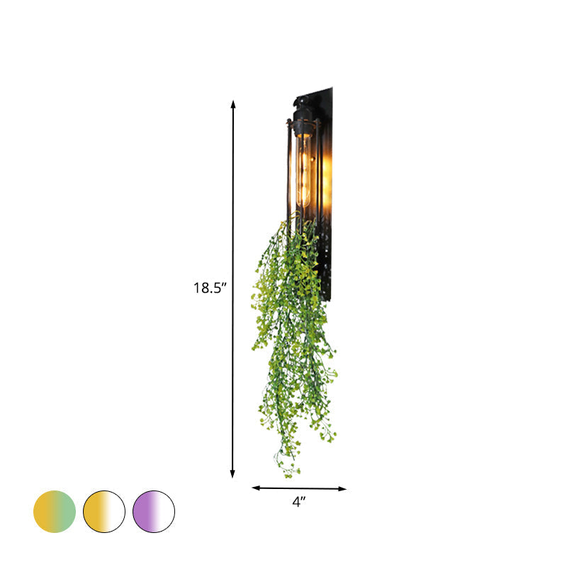 Tubular Cage Corridor Wall Lighting Farm Iron 1-Head Yellow and Green/White/Purple and White Wall Lamp with Artificial Flower