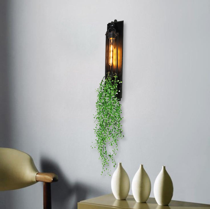 Tubular Cage Corridor Wall Lighting Farm Iron 1-Head Yellow and Green/White/Purple and White Wall Lamp with Artificial Flower