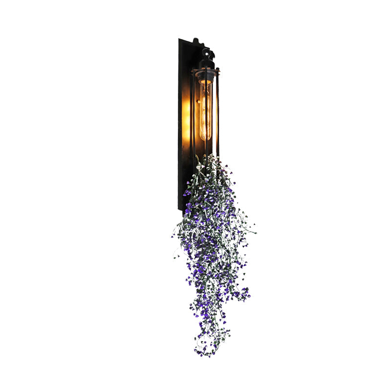 Tubular Cage Corridor Wall Lighting Farm Iron 1-Head Yellow and Green/White/Purple and White Wall Lamp with Artificial Flower