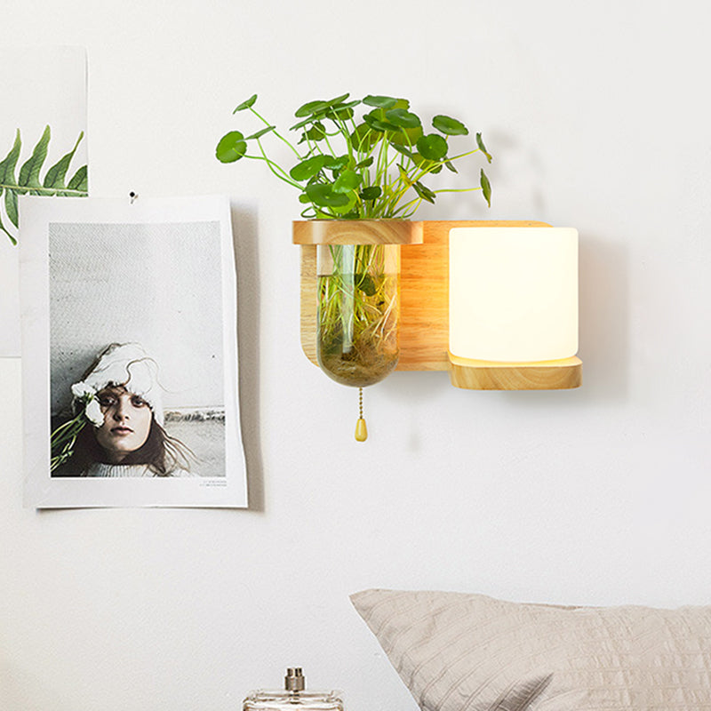 Wood Globe/Cylinder Wall Sconce Nordic Cream Glass 1 Light Bedroom Wall Lamp with Plant Pot and Pull Chain