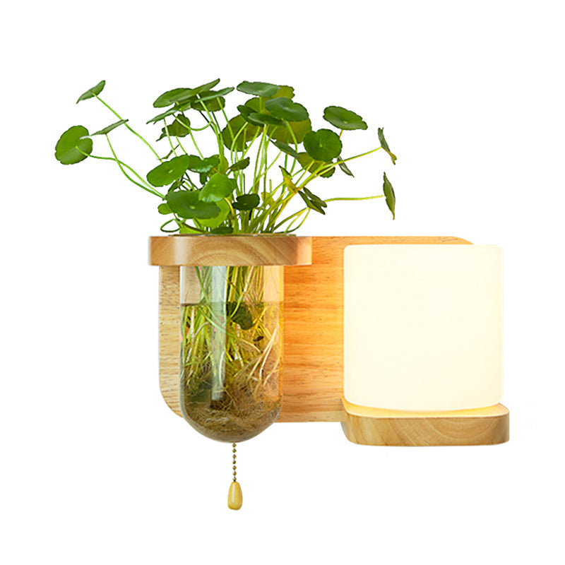 Wood Globe/Cylinder Wall Sconce Nordic Cream Glass 1 Light Bedroom Wall Lamp with Plant Pot and Pull Chain