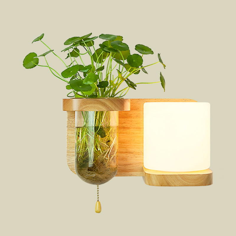 Wood Globe/Cylinder Wall Sconce Nordic Cream Glass 1 Light Bedroom Wall Lamp with Plant Pot and Pull Chain