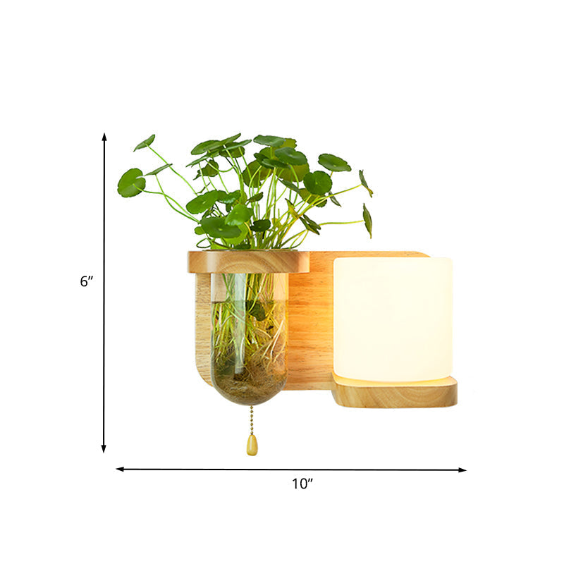 Wood Globe/Cylinder Wall Sconce Nordic Cream Glass 1 Light Bedroom Wall Lamp with Plant Pot and Pull Chain
