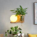Wood Globe/Cylinder Wall Sconce Nordic Cream Glass 1 Light Bedroom Wall Lamp with Plant Pot and Pull Chain