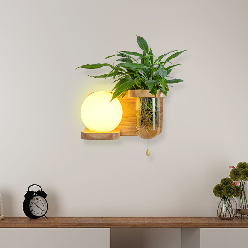 Wood Globe/Cylinder Wall Sconce Nordic Cream Glass 1 Light Bedroom Wall Lamp with Plant Pot and Pull Chain