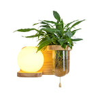 Wood Globe/Cylinder Wall Sconce Nordic Cream Glass 1 Light Bedroom Wall Lamp with Plant Pot and Pull Chain