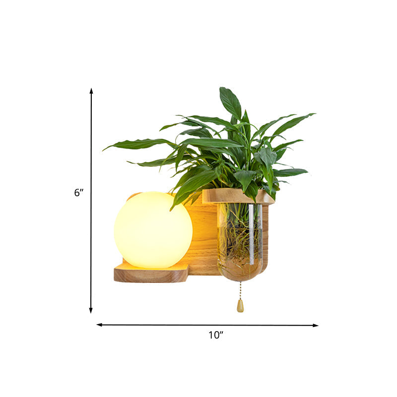 Wood Globe/Cylinder Wall Sconce Nordic Cream Glass 1 Light Bedroom Wall Lamp with Plant Pot and Pull Chain