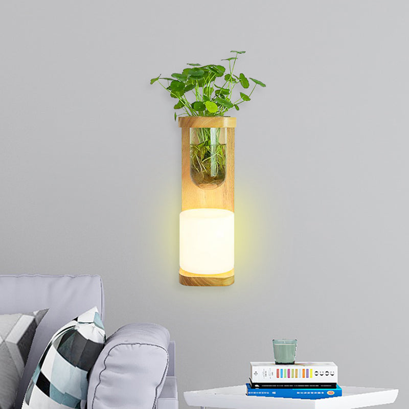 Nordic Cylinder Wall Lamp 1-Head Opal Glass Wall Lighting in Wood with Clear Glass Plant Cup