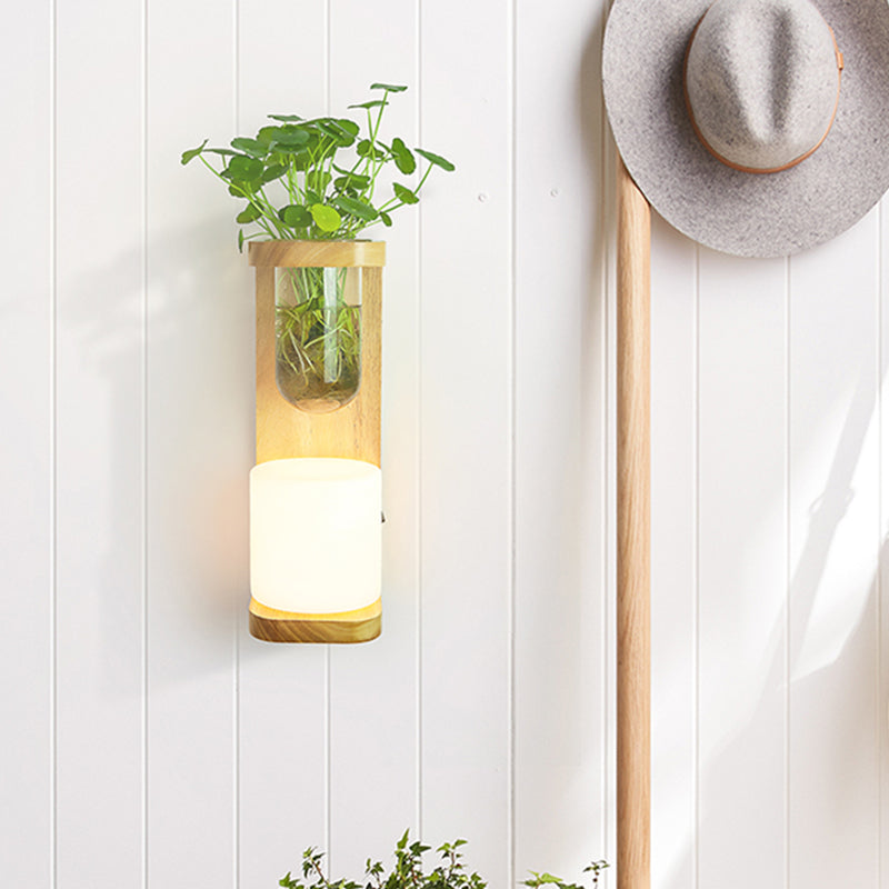 Nordic Cylinder Wall Lamp 1-Head Opal Glass Wall Lighting in Wood with Clear Glass Plant Cup