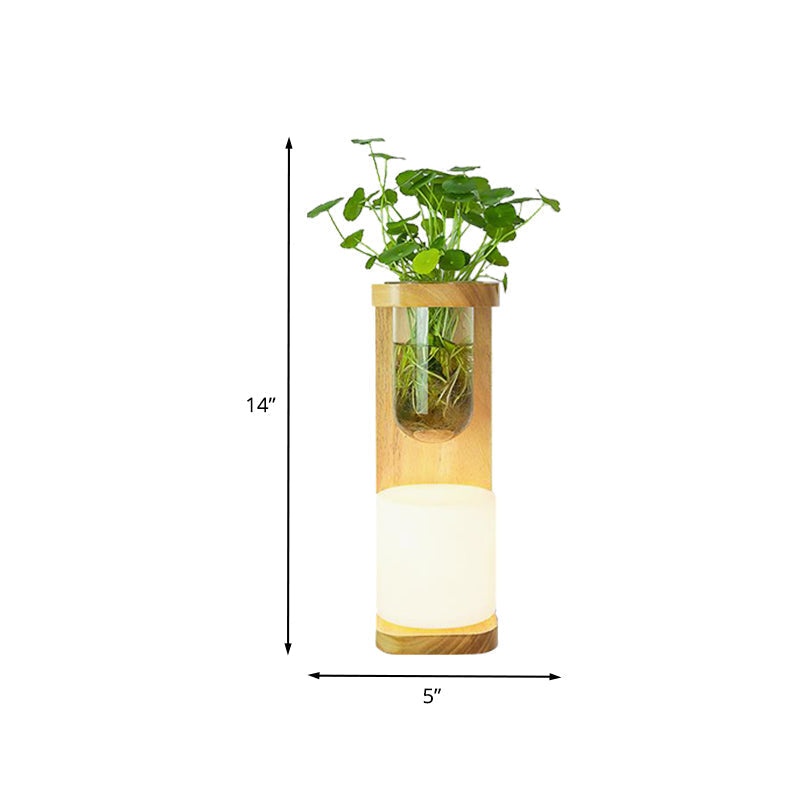 Nordic Cylinder Wall Lamp 1-Head Opal Glass Wall Lighting in Wood with Clear Glass Plant Cup
