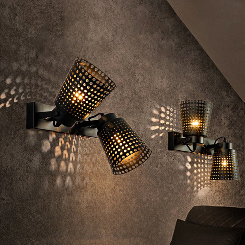 Steel Wall Lamp with Hollow Design Industry 1/2/3-Head Indoor Rotating Wall Lamp in Black