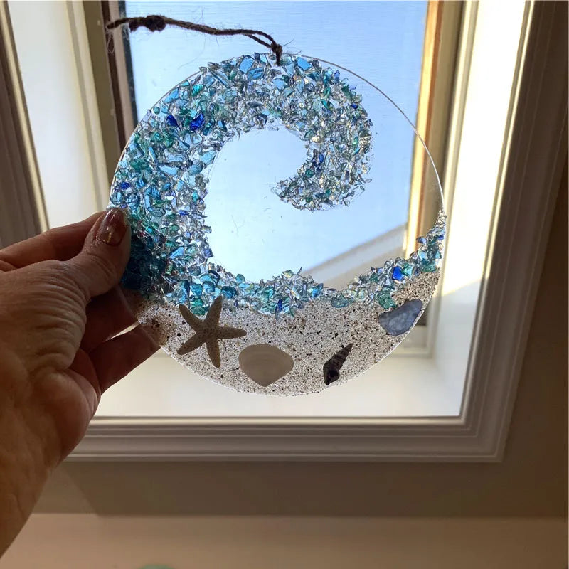 Ocean glass sun catcher - Ocean-breaking wave beach ornament