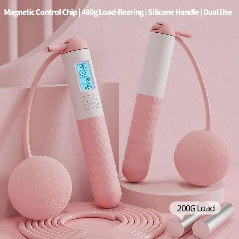 Battery-operated skipping rope with counter and weight balls