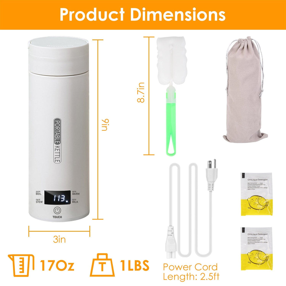 17Oz Stainless Steel Travel Electric Kettle with 4 Temperature Presets