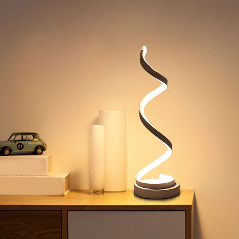 Spiral Ribbon Metal Table Lamp Simplicity Black/White/Gold LED Work Lighting with Round Base in Warm/White Light