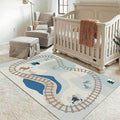 Blue Rail Pattern Carpet with Animals Polyester Kids Carpet Pet Friendly Washable Non-Slip Carpet for the Bedroom