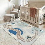 Blue Rail Pattern Carpet with Animals Polyester Kids Carpet Pet Friendly Washable Non-Slip Carpet for the Bedroom