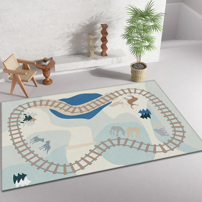 Blue Rail Pattern Carpet with Animals Polyester Kids Carpet Pet Friendly Washable Non-Slip Carpet for the Bedroom