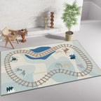 Blue Rail Pattern Carpet with Animals Polyester Kids Carpet Pet Friendly Washable Non-Slip Carpet for the Bedroom