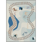Blue Rail Pattern Carpet with Animals Polyester Kids Carpet Pet Friendly Washable Non-Slip Carpet for the Bedroom