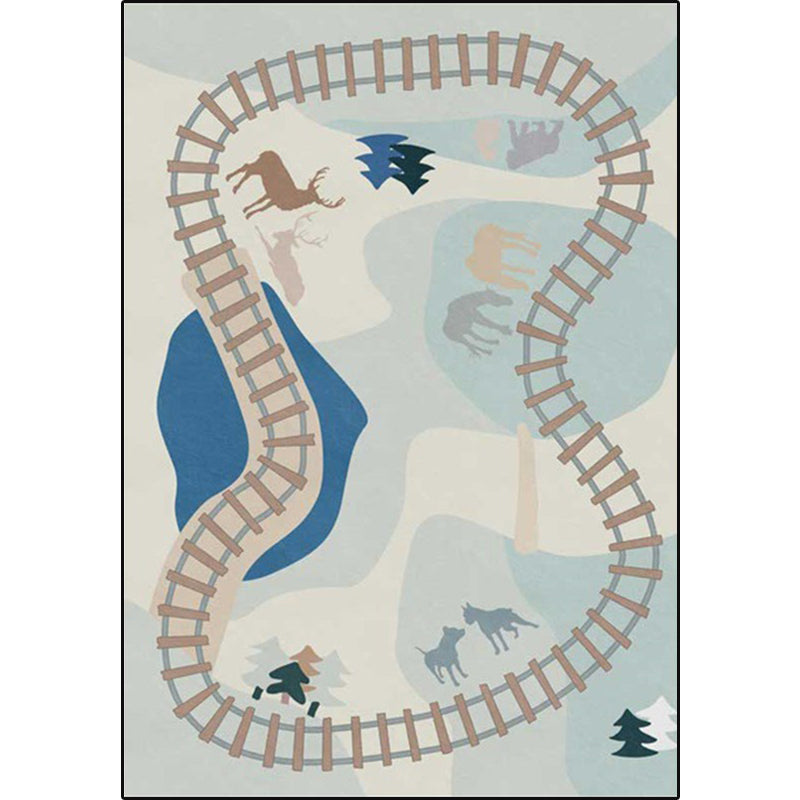 Blue Rail Pattern Carpet with Animals Polyester Kids Carpet Pet Friendly Washable Non-Slip Carpet for the Bedroom