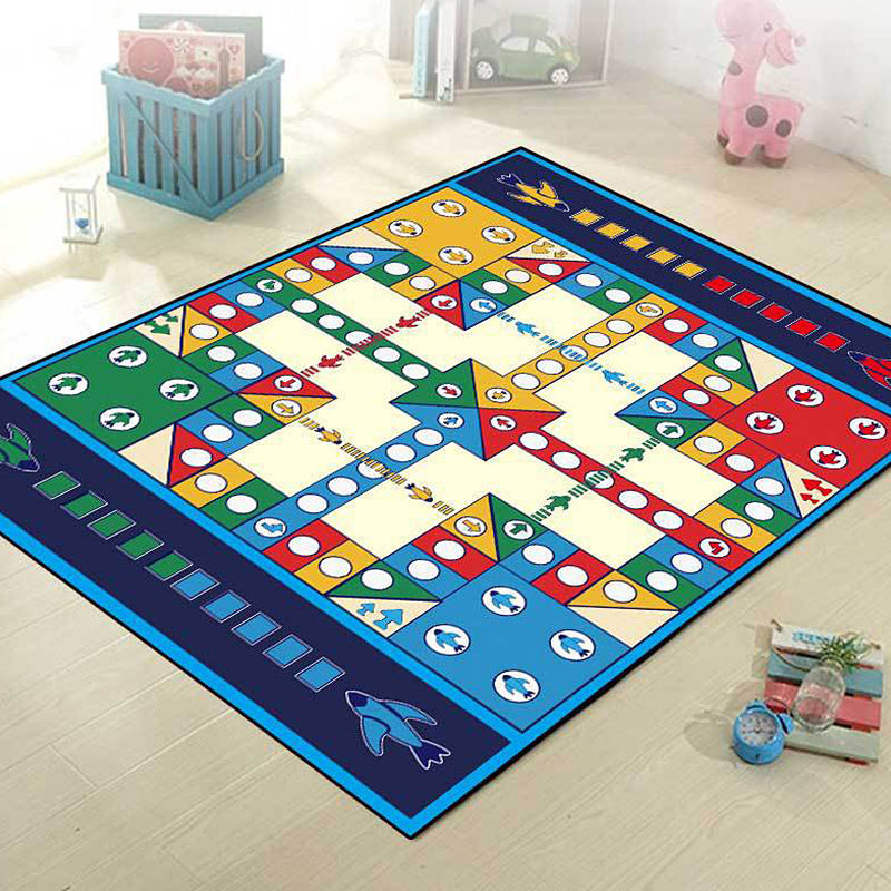 Blue Children's Room Carpet Kids Chessboard Pattern Carpet Polyester Washable Non-Slip Backing Pet-Friendly Carpet