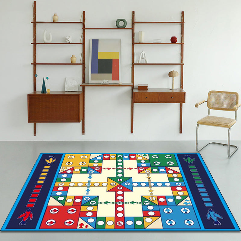 Blue Children's Room Carpet Kids Chessboard Pattern Carpet Polyester Washable Non-Slip Backing Pet-Friendly Carpet