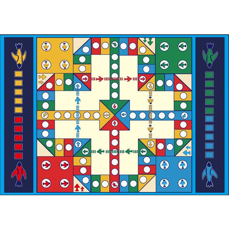 Blue Children's Room Carpet Kids Chessboard Pattern Carpet Polyester Washable Non-Slip Backing Pet-Friendly Carpet
